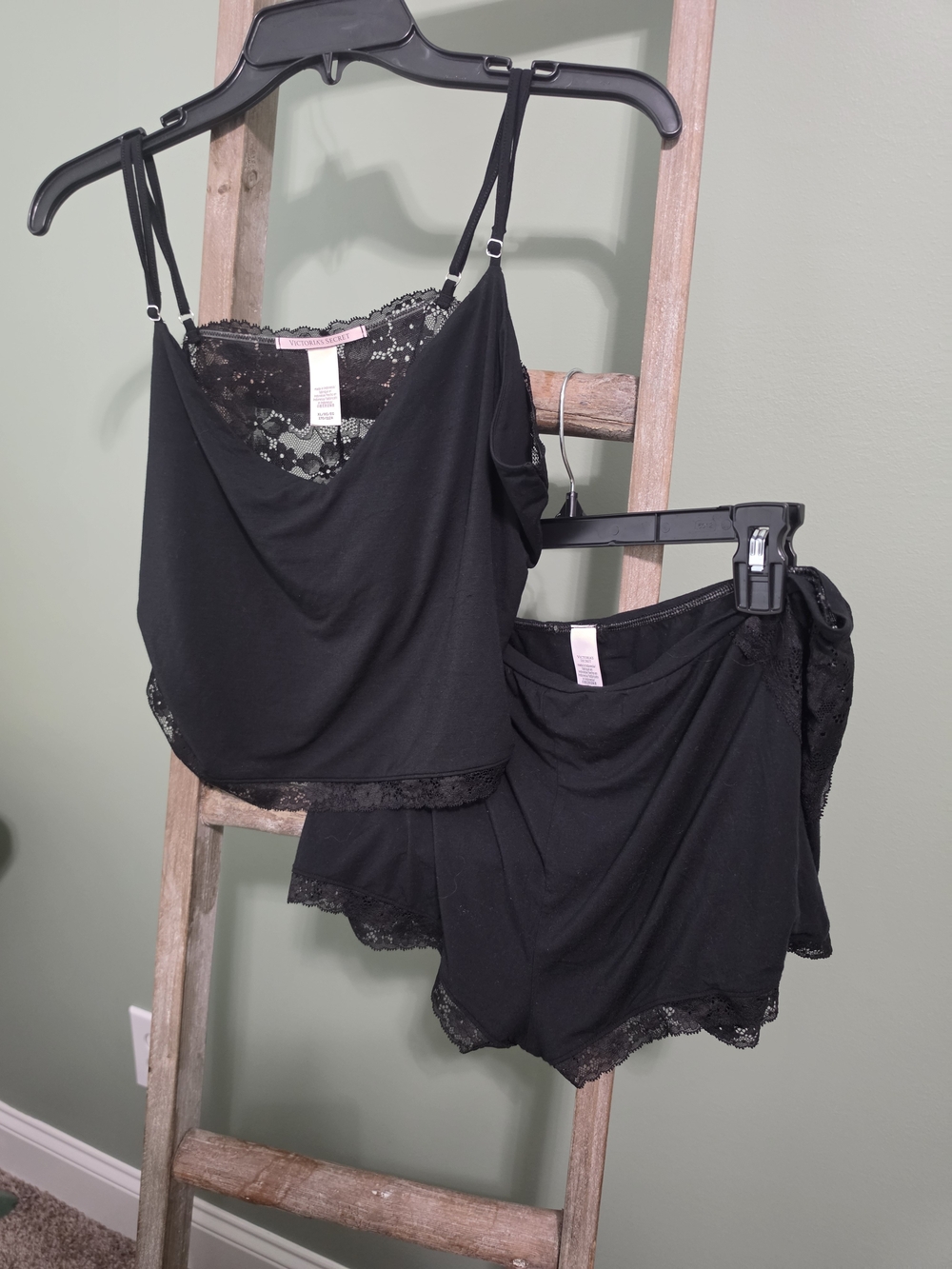 Victorias Secret Black Lace-Trim Cami and Short Sleep Set - Women